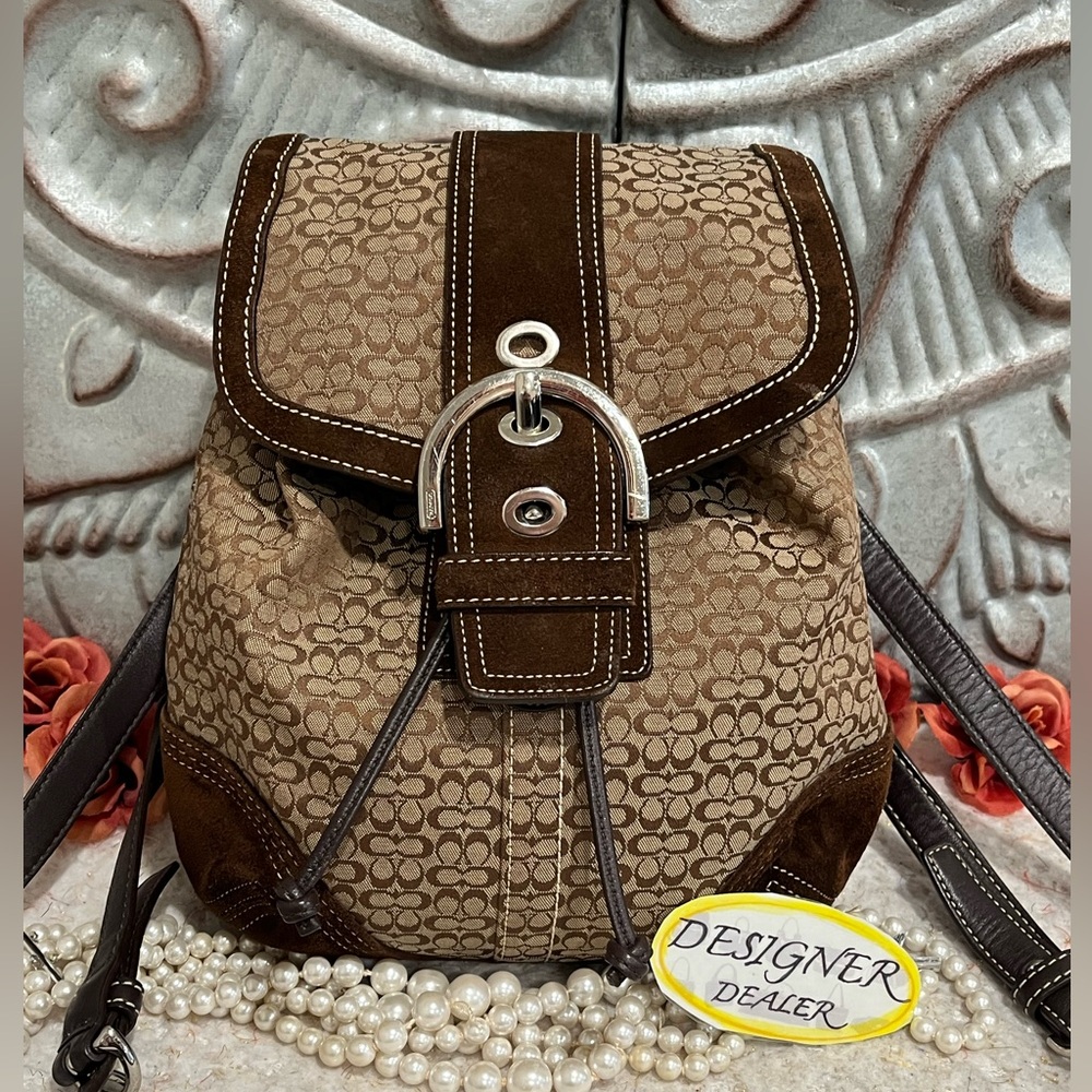 Coach Brown Signature Jacquard & Suede Backpack